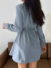 DAZY Solid Button Front Shirt Dress,Back To School Clothes,Fall Dress Long Sleeve Dress - Blue - View 2