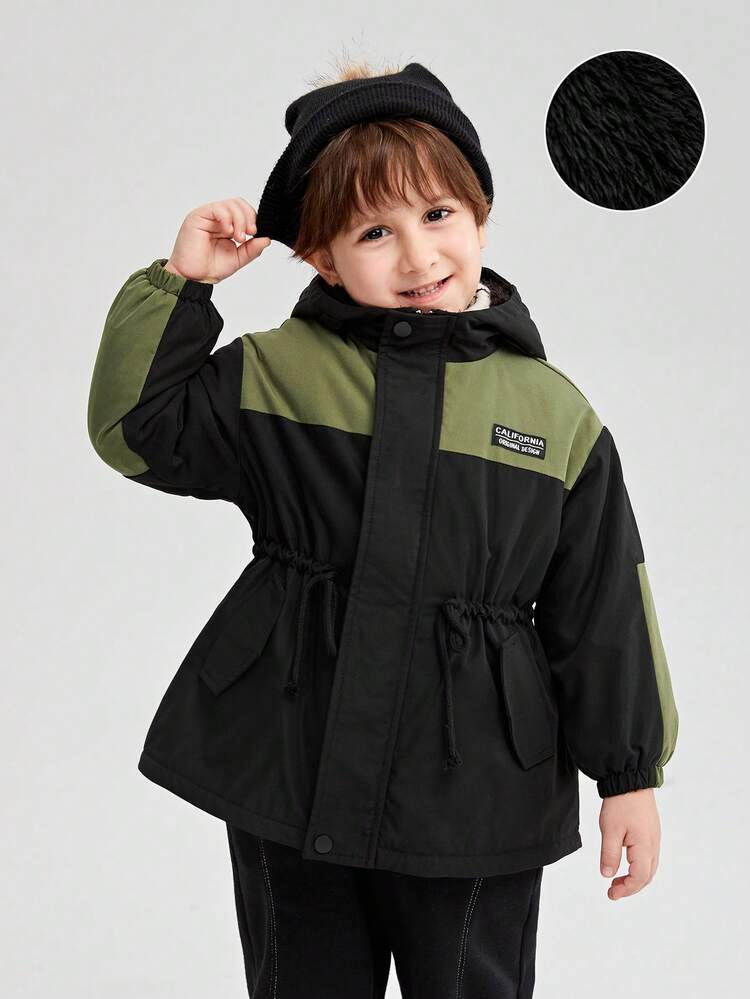 Young Boy Letter Patched Drawstring Waist Teddy Lined Hooded Coat