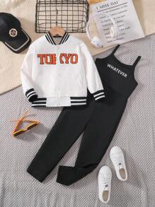 SHEIN Young Girl Letter Patched Striped Trim Bomber Jacket & Cami Jumpsuit - Black and White - View 3