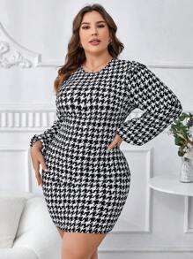 SHEIN Clasi 大碼千鳥格印花燈籠袖緊身洋裝 - 黑與白 - 查看 5