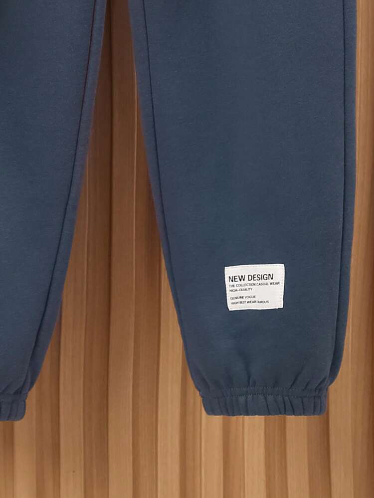 SHEIN 男大童字母貼布加絨內裏套頭衫和運動褲 - 霧霾藍 - 查看 6