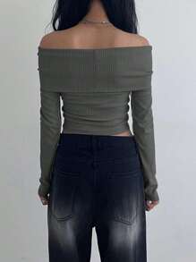DAZY Off Shoulder Crop Tee Long Sleeve Women Tops - Dark Grey - View 2