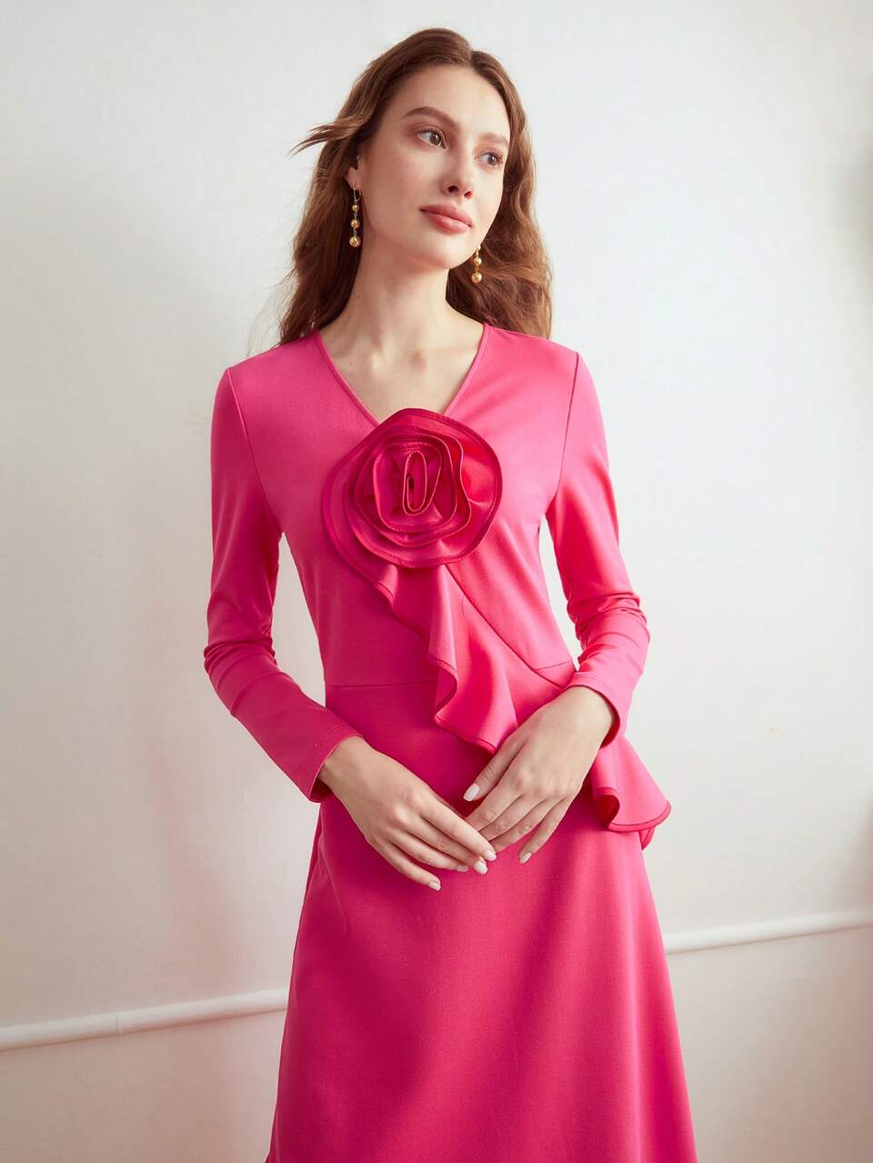 VISCOSE-BLEND RUFFLE ROSETTE DETAIL DRESS