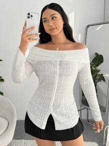 SHEIN MOD Jersey con hombros descubiertos y botones delanteros con dobladillo dividido - Blanco - Ver 3
