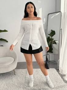 SHEIN MOD Jersey con hombros descubiertos y botones delanteros con dobladillo dividido - Blanco - Ver 6