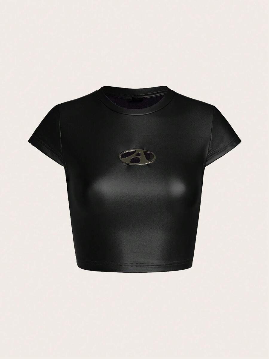 SHEIN ICON 素色貼布細節PU皮革T恤 - 黑色 - 查看 1