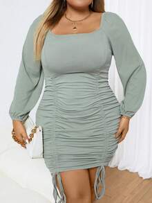 Celure Plus Drawstring Front Lantern Sleeve Ruched Bodycon Dress - Mint Green - View 3