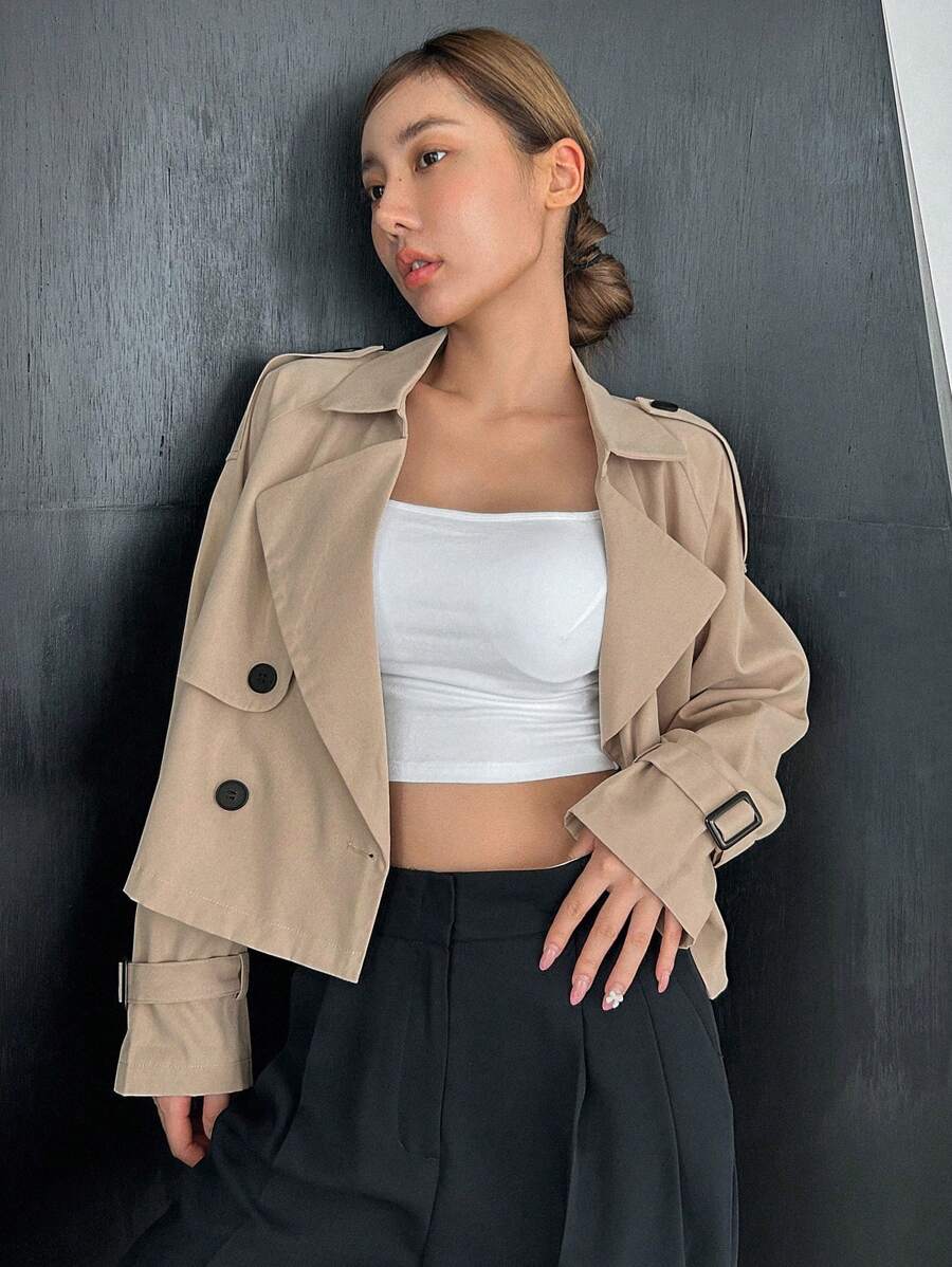 DAZY Áo khoác trench coat ngắn hai hàng khuy trơn màu phong cách công sở thường ngày, trang phục mùa thu, trang phục trở lại trường học cho nữ - Màu Khaki - Xem 1