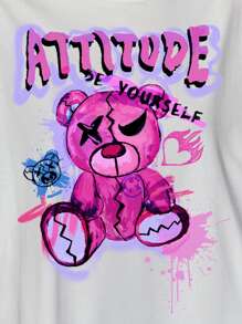 SHEIN EZwear 黑熊風格的大碼女款T恤，帶字印花和圓領 - 白色 - 查看 4