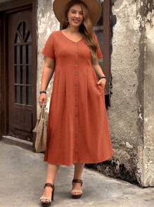 EMERY ROSE Plus Solid Button Front Slant Pocket Smock Dress - Redwood - View 3