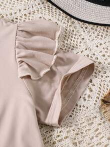 SHEIN Vintaside Kids Tween Girl Ruffle Trim Top & Allover Print Pleated Wide Leg Trousers - Apricot - View 6