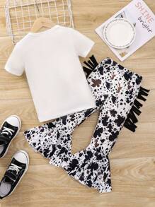 SHEIN Young Girl Cow & Letter Graphic Tee & Ruffle Hem Flare Leg Pants Summer Holiday - Black and White - View 2