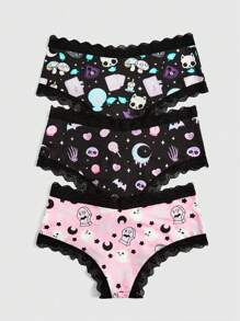 ROMWE Kawaii 3pack Cartoon Graphic Contrast Lace Brief