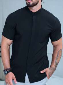 Manfinity Homme 男士純色短袖釦扣衫，黑色普通工作休閒襯衫，適用於丈夫 - 黑色 - 查看 4