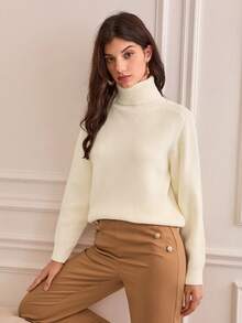 SHEIN Frenchy Áo cao cổ Tay Raglan Áo len - Màu be - Xem 7