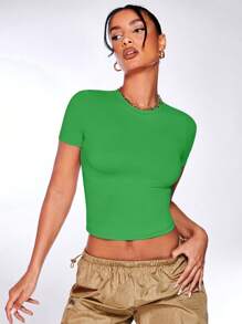 SHEIN BAE Chất rắn Áo phông Crop - màu xanh lá - Xem 9