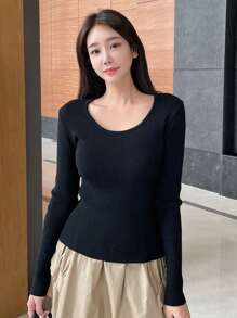 DAZY Chất rắn Scoop Cổ Áo len - màu đen - Xem 6