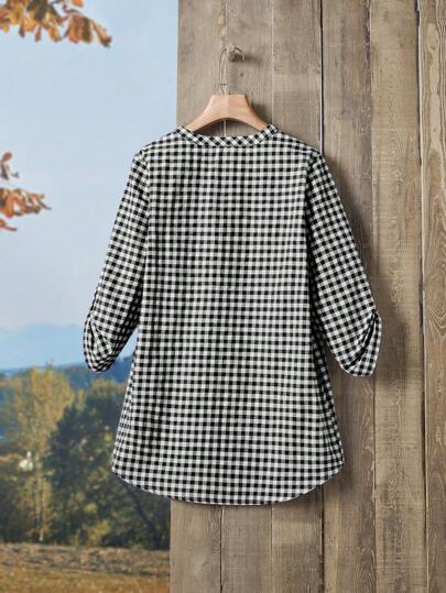 Rusticease Gingham Print Half Button Roll Tab Sleeve Blouse