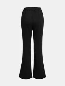 SHEIN Chica adolescente Pantalones deportivos de cintura con cordón pierna amplia - Negro - Ver 2