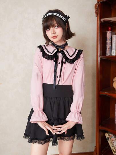 Kawaii Chemise Himekaji à col contrastant avec dentelle et décoration de nœud, pour l'école