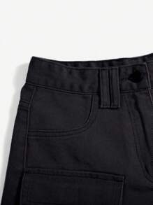 SHEIN EZwear 翻蓋口袋工裝牛仔短褲 - 黑色 - 查看 5
