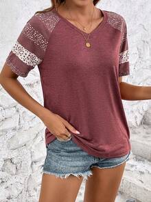 SHEIN LUNE V Neck Raglan Sleeve Tee - Burgundy - View 5
