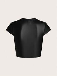 SHEIN ICON 素色貼布細節PU皮革T恤 - 黑色 - 查看 2