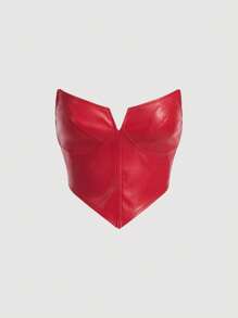 SHEIN MOD Solid PU Leather Bandana Hem Tube Top - Red - View 1