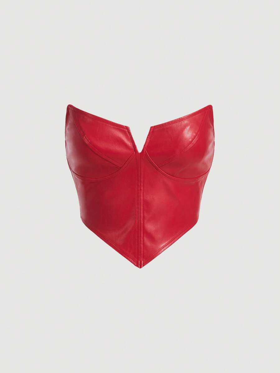 SHEIN MOD Solid PU Leather Bandana Hem Tube Top - Red - View 1
