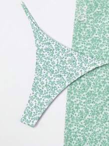 Ditsy Floral Print Halter Triangle Bikini Set For Summer With Beach Skirt - Green - View 3