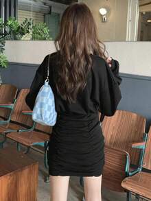 Women's Drop Shoulder Long Sleeve Solid Color Round Neck Ruched Bodycon Pullover Dress