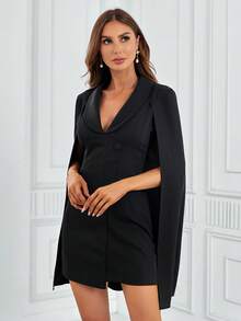 Shawl Collar Cloak Sleeve Dress - Black - View 3