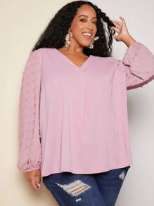 SHEIN CURVE+ Plus Swiss Dot Lantern Sleeve Blouse - Dusty Pink - View 5