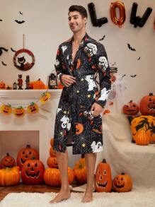 男士萬聖印花雙口袋附腰帶睡袍