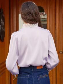 Simple Retro Contrast Lace Button Front Shirt - Mauve Purple - View 3