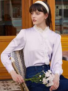 Simple Retro Contrast Lace Button Front Shirt - Mauve Purple - View 7