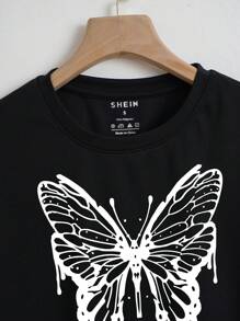 SHEIN EZwear In bướm Áo thun - màu đen - Xem 3