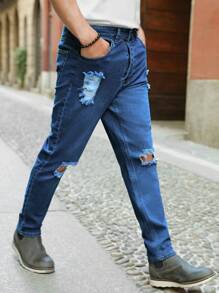 RueChic Men Ripped Frayed Tapered Jeans - Dark Wash - View 5