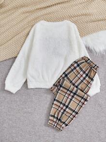 SHEIN Tween Girl Letter Embroidery Teddy Pullover & Plaid Pants - Multicolor - View 2