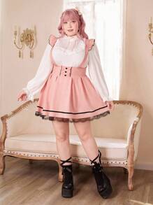 ROMWE Kawaii Hơn Ren tương phản Viền Ruffle Đầm Tổng thể Không có áo lót - Hồng - Xem 1