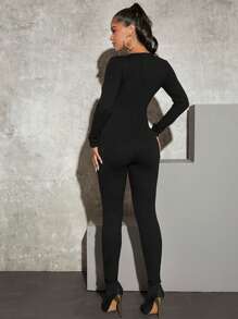 SHEIN Maternity Solid V Neck Unitard Jumpsuit - Black - View 2