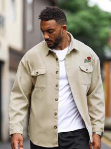 Manfinity Homme Manteau D'homme Ample Avec Patchwork De Lettre, Poche À Rabat, Épaule Tombante Et Fermeture Boutonnée - Nude - Voir 4