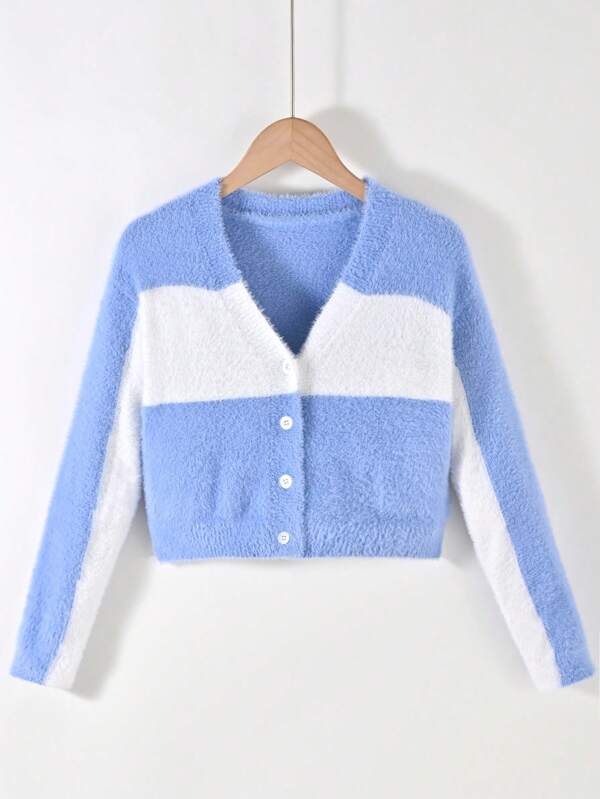 SHEIN Tween Girl Two Tone Fuzzy Cardigan