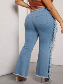 Hauture Plus Lace Up Frayed Fringe Jeans - Light Wash - View 2