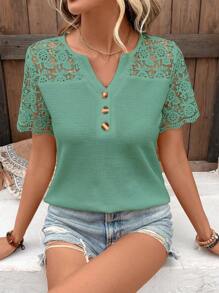 SHEIN LUNE Contrast Lace Notched Neck Tee - Green - View 3