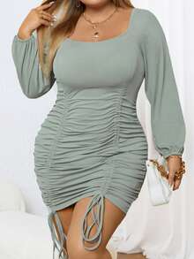 Celure Plus Drawstring Front Lantern Sleeve Ruched Bodycon Dress - Mint Green - View 5