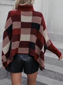 SHEIN Essnce Plaid Pattern Turtleneck Batwing Sleeve Poncho - Multicolor - View 2