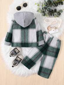 SHEIN Baby Boy Plaid Print Hooded Jacket & Pants - Multicolor - View 2