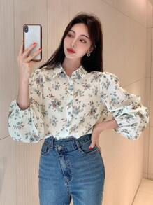 DAZY In hoa Tay áo lồng đèn Nút phía trước Áo sơ mi - Màu be - Xem 7