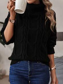 Pulover cu guler rotund, tricot cablu, cu umeri - Negru - Vizualizare 7
